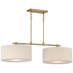 two light chandelier with white shades on the bottom and gold chain hanging from the ceiling