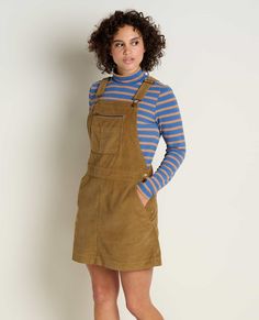 With this one, it’s all about the details. An exposed zip pocket, button side entry, and adjustable straps throw it back old school, and when it comes to styling, the sky’s the limit. Corduroy Jumper, Flannel Shorts, Women's Jumpsuit, Throw It Back, Short Loungewear, Paper Sleeves, Eco Friendly Clothing, Honey Brown, Knee Dress