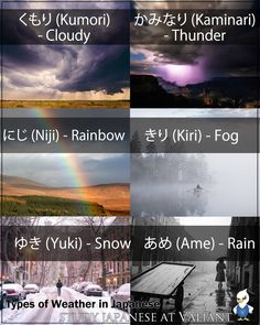 four different types of weather are shown in this graphic above the text below it is an image of rain, clouds, and rainbows