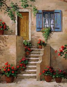 an oil painting of flowers and pots on the steps to a house with blue shutters