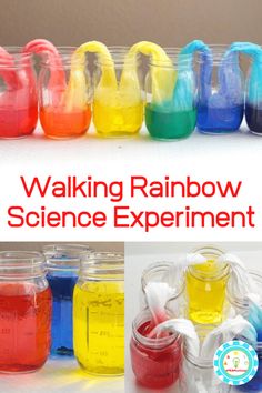 several jars filled with different colored liquids and the words walking rainbow science experiment