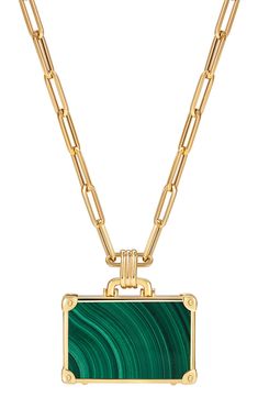 Transport your ensemble to new heights with this luggage pendant necklace made from stunning carved stones, twinkling diamonds and 14-karat gold. 1"W x 7/8"L pendant Total diamond weight: 0.39ct. or 0.022ct. Color: H Clarity: SI3 14k gold/opal/mother-of-pearl/diamond/tiger's-eye or 14k gold/malachite/turquoise/tiger's-eye/diamond Made in the UK >Diamond Guide Luxury Yellow Gold Jewelry For Travel, Yellow Gold Pendant Necklaces For Travel, Luxury Rectangular Engraved Necklace, Luxury Engraved Rectangular Necklace, 3 Stone Pendant, Forever Necklace, Sunglasses Necklace, Blue Opal Necklace, Delicate Gold Necklace