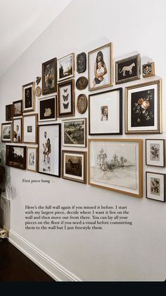 a wall with many framed pictures on it and a poem written in the bottom right corner