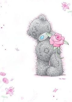 a drawing of a teddy bear holding a flower