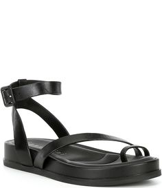 From Gianni Bini&#x2C; the Grayson Leather Footbed Platform Toe Loop Strappy Sandals feature:Leather upperAnkle strap with buckle closureSynthetic liningPadded 6mm memory foam pillow sockRubber outsoleApprox. 0.98" platform heightApprox. 1.37" heel heightImported. Black Strappy Sandals Outfit, Strappy Sandals Outfit, Toe Loop Sandals, Black Strappy Sandals, Foam Pillow, Sandals Outfit, Sandal Platform, Memory Foam Pillow, Black Leather Sandals