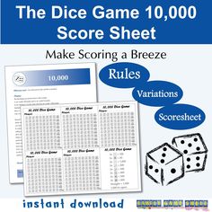 the dice game 10, 000 score sheet is shown with instructions to make scoring a breeze rules variations