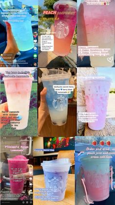 many different types of drinks are shown in this collage with the words starbucks on them