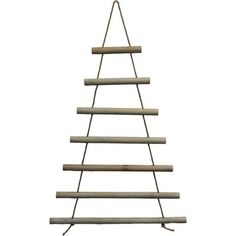 a small wooden christmas tree made out of wood planks and rope on an isolated white background