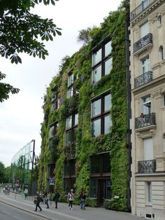 people are walking down the street in front of an apartment building covered with green plants