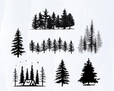 the silhouettes of trees and mountains are drawn in black ink on white paper,