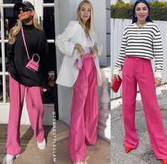 Outfits With Pink Pants Winter, Pink Trousers Winter Outfit, Hot Pink Palazzo Pants Outfit, How To Style Bright Pink Pants, Wide Pink Pants Outfit, Pink Flowy Pants Outfit, Hot Pink Linen Pants Outfit, Pinke Hose Outfit, Pink Trousers Outfit Work Attire