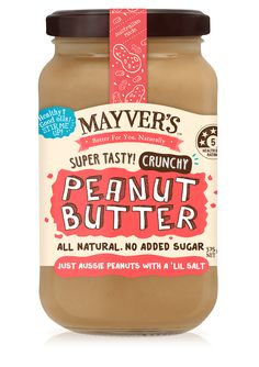 mayer's peanut butter is shown on a white background, with the label in red