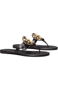 Tory Burch Metal Miller Soft Leather Sandal (Women) | Nordstrom Soft Leather Sandals, Leather Sandals Women, Metal Logo, Leather Logo, Metallic Logo, Sandal Women, Shoe Game, Flip Flop, Black Sandals