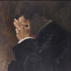 a painting of a man in a suit and tie holding his hands to his face