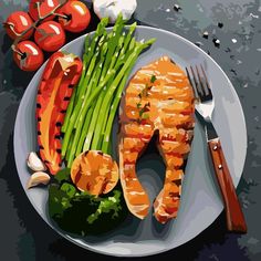 a white plate topped with meat and veggies next to a knife and fork