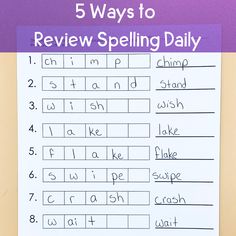 the five ways to review spelling daily on a piece of paper with words and numbers