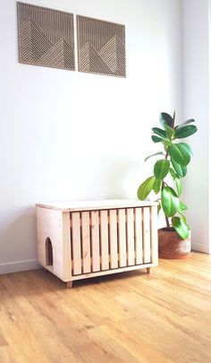 a plant in a wooden crate next to two paintings on the wall above it,