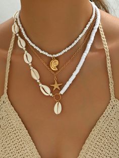 3pcs Bohemian Beach Resort Style Starfish, Shell & Conch Multilayer Necklace For Women White    Zinc Alloy     Women Fashion Jewelry, size features are:Bust: ,Length: ,Sleeve Length: Resort Jewelry, Multilayer Necklace, Beach Vacation Style, Seashell Pendants, Beach Necklace, Beach Earrings, Jewelry Beach, Layered Necklace Set, Multi Layer Necklace