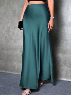 High Waist Solid Maxi Satin Skirt Cadet Blue Casual   Woven Fabric Plain  Non-Stretch  Women Clothing, size features are:Bust: ,Length: ,Sleeve Length: Bodycon Maxi Skirt, Black Satin Skirt, Skirt Elegant, Women Skirts, Elegant Skirt, Mermaid Skirt, Satin Maxi, Satin Skirt, Women Maxi