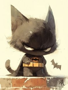 a drawing of a batman cat sitting on top of a brick wall with bats flying around