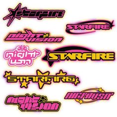 various stickers that are on the side of a white background, including stars and letters