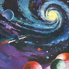 an artist's depiction of the planets and their satellites, with stars in the background