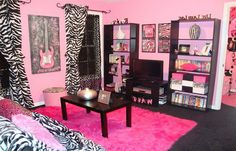 a living room with zebra print furniture and pink carpeted walls in the corner area