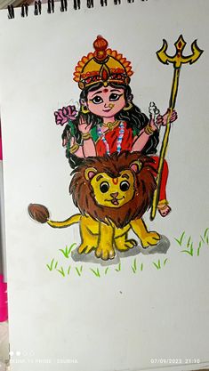 a drawing of a woman sitting on top of a lion