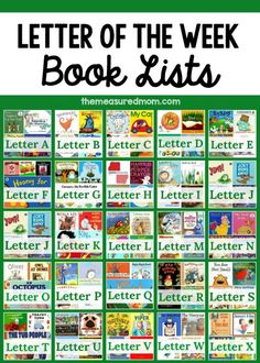 the letter of the week book lists with green background and white letters on each page