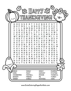 a happy thanksgiving word search page for children to print and color with the words happy thanksgiving