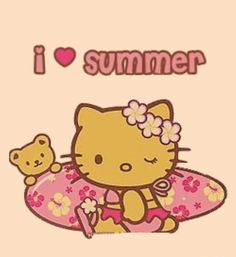 an image of a hello kitty holding a teddy bear in her arms with the words i love summer written above it