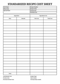 the printable recipe cost sheet is shown