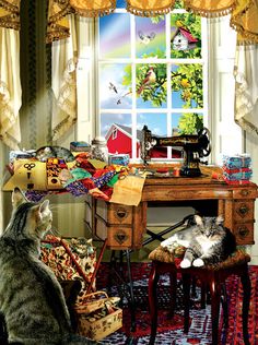 two cats sitting in front of a sewing machine on a table next to a window