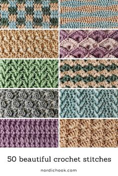 different crochet stitches are shown in the same color as each one, and there is