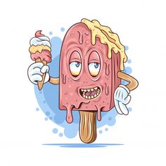 an ice cream cartoon character holding two scoops of ice cream with one hand and the other