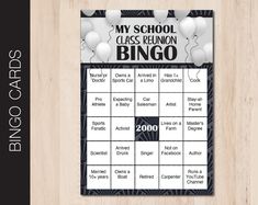 a black and white game card with balloons on the cover for my school class reunion bingo