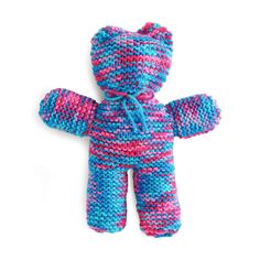 a knitted teddy bear with blue and pink stripes