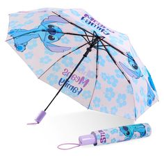 an open umbrella with the words, meem's family on it and blue flowers