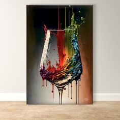 a painting of a wine glass with colorful liquid coming out of it