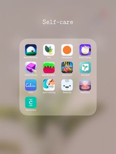 an iphone screen with the text self - care on it and several icons in different colors