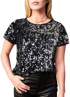 PRICES MAY VARY. SPARKLY SEQUIN TOPS. These sparkle full sequin tops for women made of lightweight 100% polyester fabric with a little bit of stretch, has a soft full lining that keeps you comfortable. It has durably stitched all-over sequins won't easy to come off or splitting. FULL SEQUIN PARTY TUNIC TOPS. This womens party shirt features all over shiny sequins, short sleeve, round neck, slim fitted design, glitter sequins make you stand out from the crowd, sparkly tunic tops for women dressy, Sparkly Sequin Top, Sparkly Shirt, Tunic Tops For Women, Glitter Shirt, Disco Shirt, Sequin Party, Tops Short Sleeve, Summer Streetwear, Streetwear Aesthetic