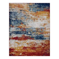 an orange, blue and white area rug with different colors on it's surface