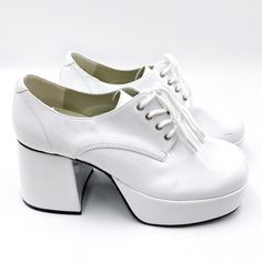 Funtasma Jazz Platform Oxford White Patent Lace Up Block Heel Sz S (8-9 Men) Unworn Condition. Shoes Have Some Marks On Back And Toes. Please See Images To Evaluate. Chunky Platform Oxford Shoe Patent Leather Upper Leather Lining Leather Outsole Lace Up Low Top Chunky Block Heel Round Toe White Upper, White Laces, Black Soles Disco Shoes, Oxford Platform Shoes, Oc Design, Lace Up Block Heel, Oxford Shoe, Oxford Platform, Oxford White, Patent Shoes, Chunky Block Heels