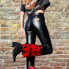 Look No Further Than These Rare Vintage Wrangler Black Faux Leather Pants With A Red Embroidered Design And Silver Rivets On The Upper Thighs. The Bottom Of The Pant Legs Are Adorned With A Unique Red And Black Velvet Cow Print. Waist: 30” Inseam: 30" #Wranglerpants #Blackfauxleather #Redembroidery #Silverrivets #Velvetcowprint #90sfashionrevival Western Style Fitted Full-length Jeans, Fitted Full-length Western Jeans, Fitted Full Length Western Jeans, Western Style Bottoms With Standard Cut Leg For Fall, Western High Waist Fitted Bottoms, Western Style Fitted High Waist Bottoms, Fitted Western Pants For Fall, Western Style Fitted Pants For Fall, Western-style Fitted Pants For Fall