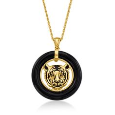 Ross-Simons - Black Agate Tiger Pendant Necklace, Black Enamel Over Sterling. 18". Our empowering pendant necklace features a fierce tiger head, crafted in 18kt yellow gold over sterling silver with black enamel details, encircled by a 30mm open circle of carved black agate. Suspends from a rope chain with a 2" extender. Lobster clasp, black agate tiger pendant necklace. Chain Ideas, Fierce Tiger, Tiger Jewelry, Tiger Necklace, Tiger Pendant, Vintage Fine Jewelry, Tiger Head, Sterling Jewelry, Minimal Jewelry