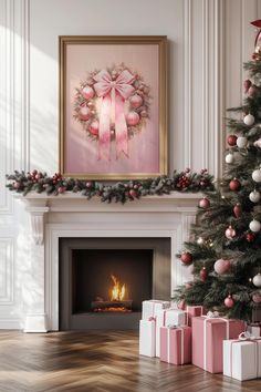 a decorated christmas tree in front of a fireplace with presents under it and a painting on the wall