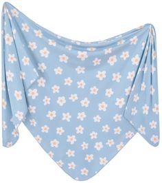 a blue bandana with white and yellow flowers on it