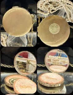 several pictures of different types of jewelry and pearls on display in glass containers with chains attached to them