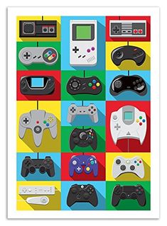 a poster with different video game controllers on it