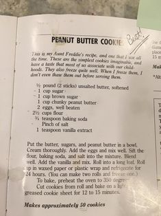 a recipe for peanut butter cookies is shown on the counter top, with instructions about how to make it